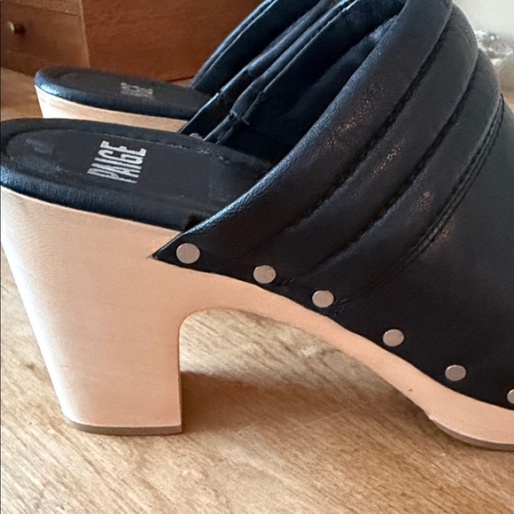 PAIGE Black Leather Clog Mules with Light Wood Heel - Picture 2 of 6